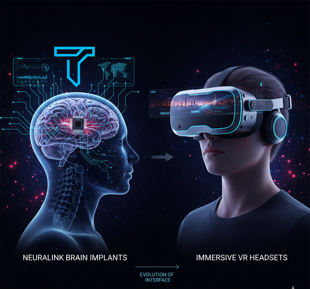 Neuralink vs VR comparison showing brain implants and virtual reality headset