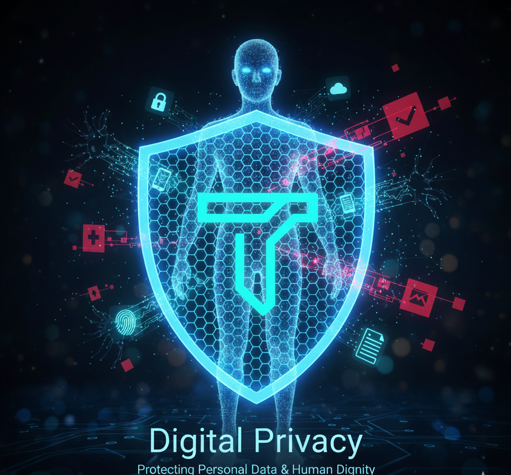 Illustration of digital privacy shield protecting personal data and human dignity