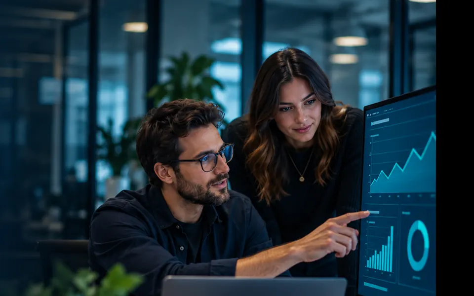 Illustrative scene reviewing a digital interface together at a monitor