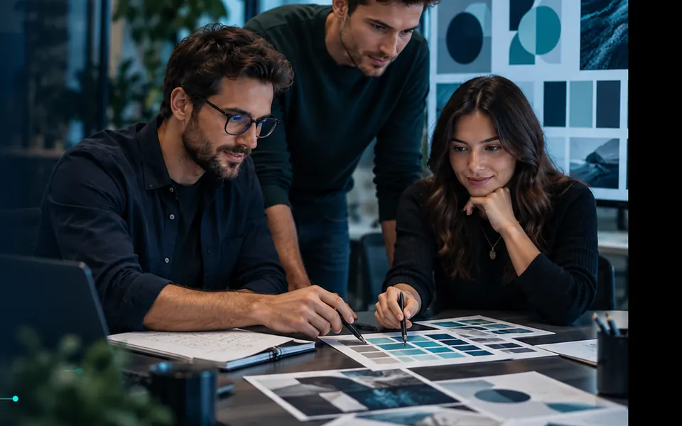 Illustrative collaborative design workshop discussing brand samples