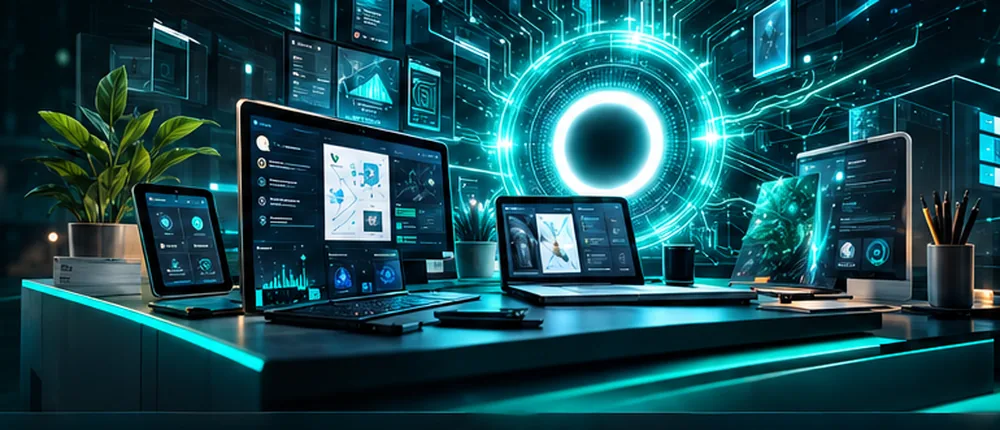 Illustrated creative workspace with multiple digital design screens and a glowing central circuit